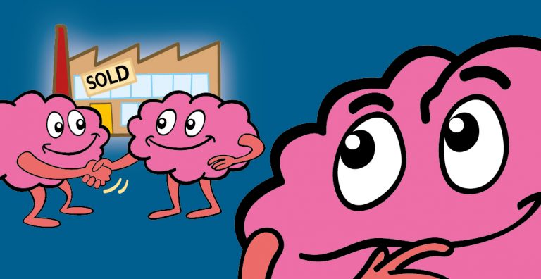 Illustration of cartoon brains shaking hands in front of a factory marked “Sold,” representing business sales, restructuring, and commercial agreements.