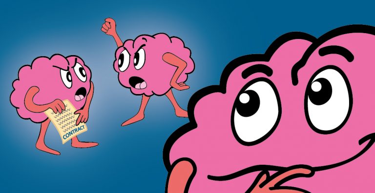 Illustration of cartoon brains arguing over a contract, representing conflict resolution and civil litigation.