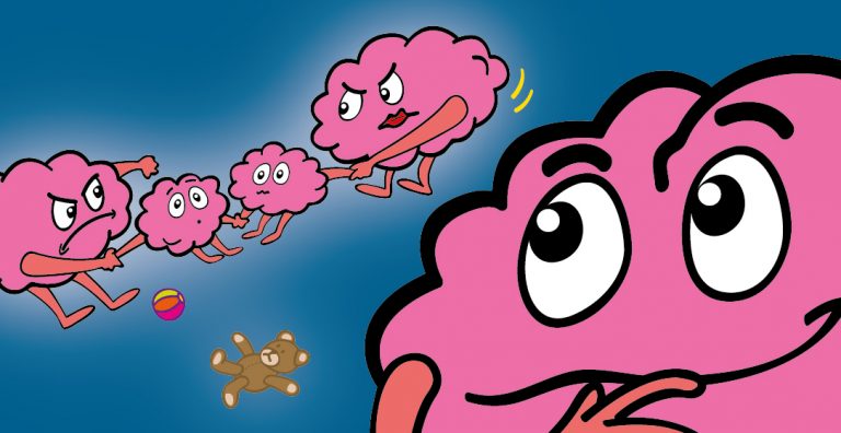 Cartoon brain characters representing a family in conflict, with a calm thinking brain observing, symbolising thoughtful legal advice in family law matters.