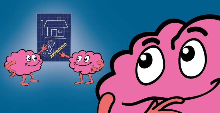 Cartoon brain characters reviewing a house planning blueprint marked “Approved,” representing expert planning law advice from a specialist planning solicitor.
