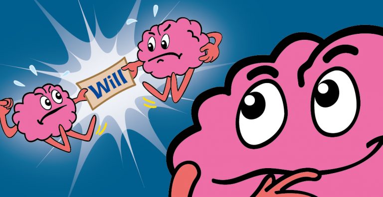 Cartoon illustration of two brains pulling a will in opposite directions, symbolising probate disputes and inheritance issues.