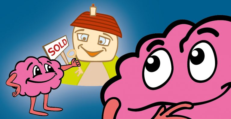 Cartoon illustration of a brain handing over house keys beside a “sold” sign, representing property transactions and local expertise.