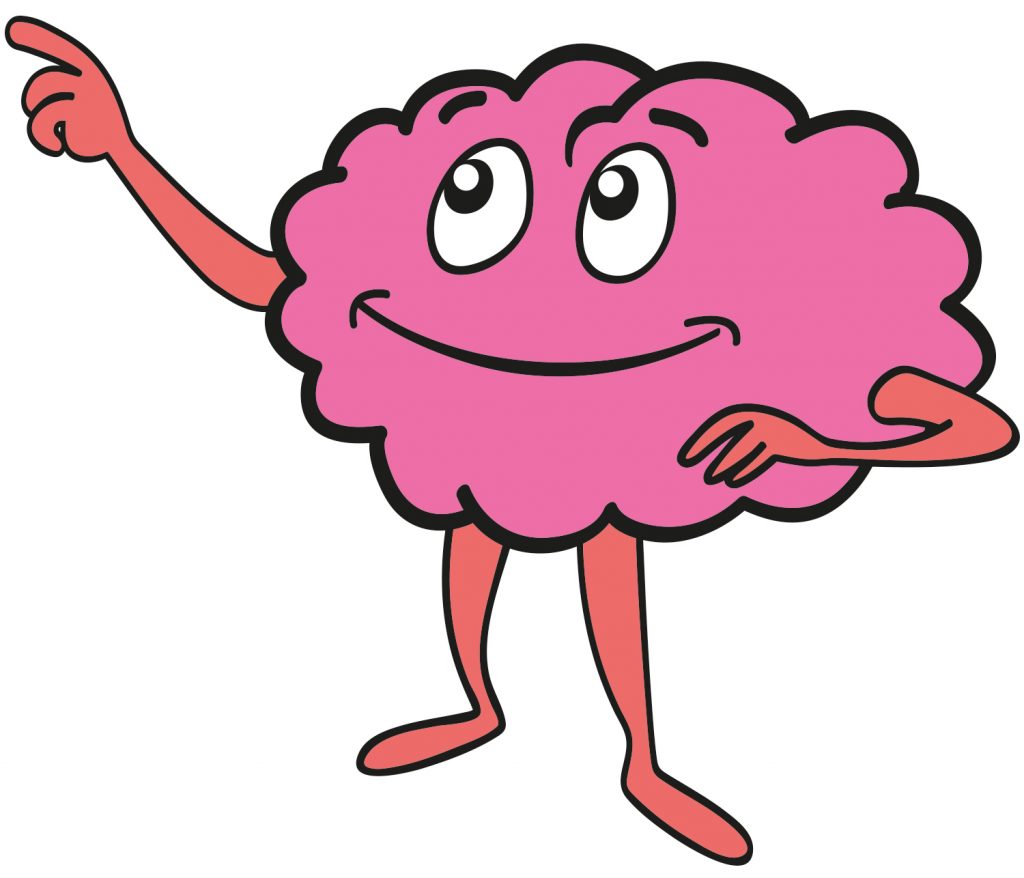 A friendly illustrated pink brain character pointing confidently, representing expert legal advice and clear thinking from brains Solicitors.