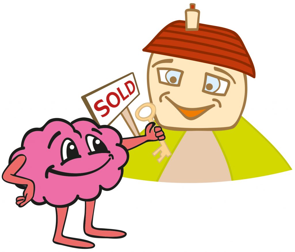 Illustration of a house handing keys to a smiling character with a sold sign, representing buying or selling a property